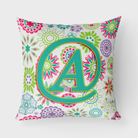 Letter A Flowers Pink Teal Green Initial Fabric Decorative Pillow