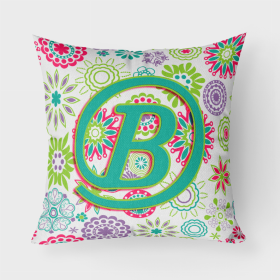 Letter B Flowers Pink Teal Green Initial Fabric Decorative Pillow