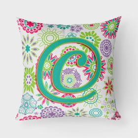 Letter C Flowers Pink Teal Green Initial Fabric Decorative Pillow