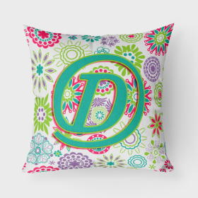 Letter D Flowers Pink Teal Green Initial Fabric Decorative Pillow