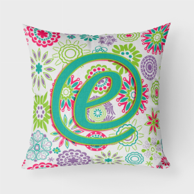 Letter E Flowers Pink Teal Green Initial Fabric Decorative Pillow