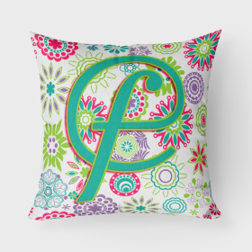 Letter F Flowers Pink Teal Green Initial Fabric Decorative Pillow