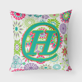 Letter H Flowers Pink Teal Green Initial Fabric Decorative Pillow