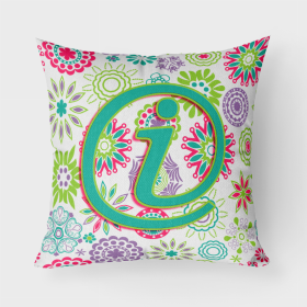 Letter I Flowers Pink Teal Green Initial Fabric Decorative Pillow