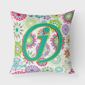 Letter J Flowers Pink Teal Green Initial Fabric Decorative Pillow