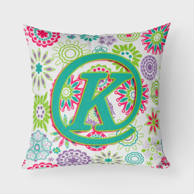 Letter K Flowers Pink Teal Green Initial Fabric Decorative Pillow