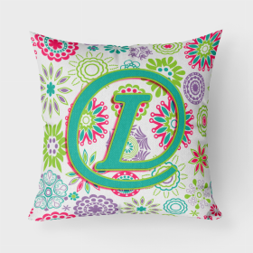 Letter L Flowers Pink Teal Green Initial Fabric Decorative Pillow