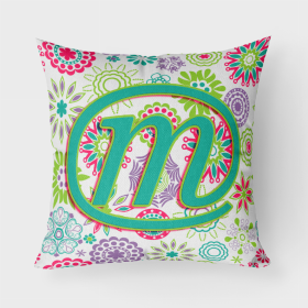 Letter M Flowers Pink Teal Green Initial Fabric Decorative Pillow