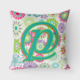 Letter P Flowers Pink Teal Green Initial Fabric Decorative Pillow