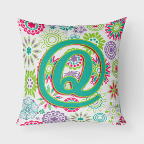 Letter Q Flowers Pink Teal Green Initial Fabric Decorative Pillow