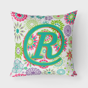 Letter R Flowers Pink Teal Green Initial Fabric Decorative Pillow