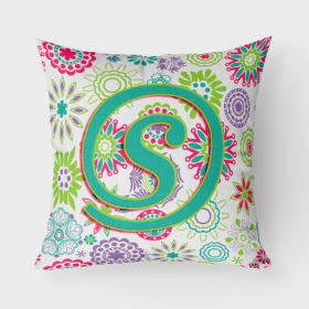 Letter S Flowers Pink Teal Green Initial Fabric Decorative Pillow