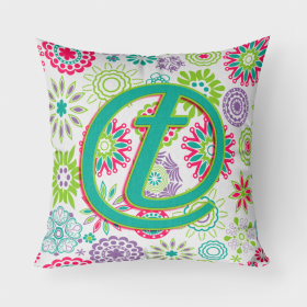 Letter T Flowers Pink Teal Green Initial Fabric Decorative Pillow