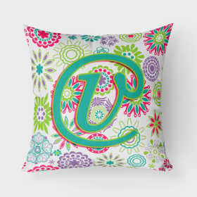 Letter V Flowers Pink Teal Green Initial Fabric Decorative Pillow