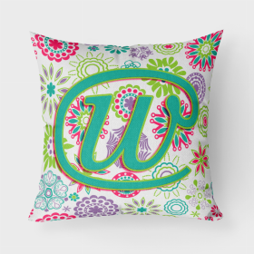 Letter W Flowers Pink Teal Green Initial Fabric Decorative Pillow