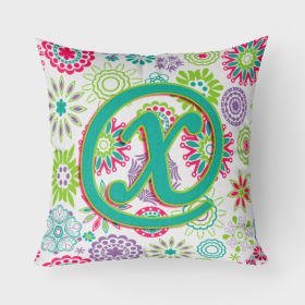 Letter X Flowers Pink Teal Green Initial Fabric Decorative Pillow