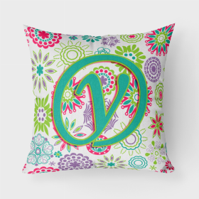 Letter Y Flowers Pink Teal Green Initial Fabric Decorative Pillow