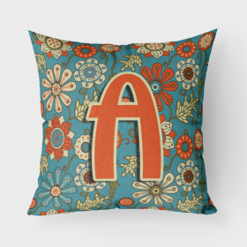 Letter A Flowers Retro Blue Fabric Decorative Pillow