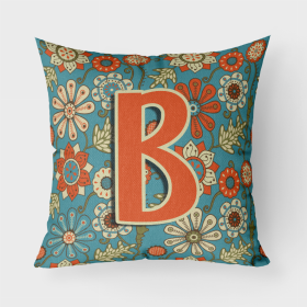 Letter B Flowers Retro Blue Fabric Decorative Pillow