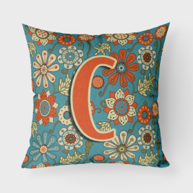 Letter C Flowers Retro Blue Fabric Decorative Pillow