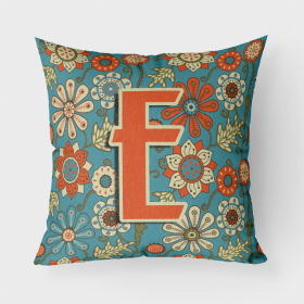 Letter E Flowers Retro Blue Fabric Decorative Pillow