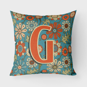 Letter G Flowers Retro Blue Fabric Decorative Pillow