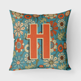 Letter H Flowers Retro Blue Fabric Decorative Pillow