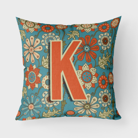 Letter K Flowers Retro Blue Fabric Decorative Pillow