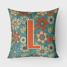 Letter L Flowers Retro Blue Fabric Decorative Pillow