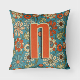 Letter N Flowers Retro Blue Fabric Decorative Pillow