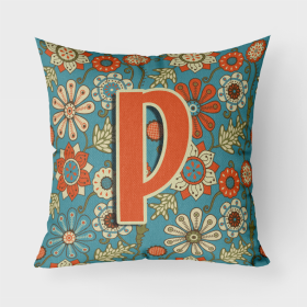 Letter P Flowers Retro Blue Fabric Decorative Pillow