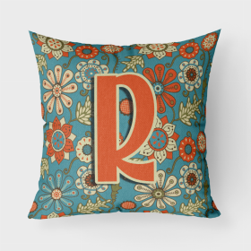 Letter R Flowers Retro Blue Fabric Decorative Pillow