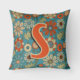 Letter S Flowers Retro Blue Fabric Decorative Pillow