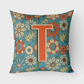 Letter T Flowers Retro Blue Fabric Decorative Pillow