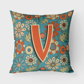 Letter V Flowers Retro Blue Fabric Decorative Pillow