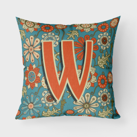 Letter W Flowers Retro Blue Fabric Decorative Pillow