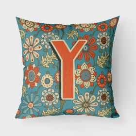 Letter Y Flowers Retro Blue Fabric Decorative Pillow