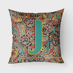 Letter J Retro Tribal Alphabet Initial Fabric Decorative Pillow