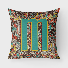 Letter M Retro Tribal Alphabet Initial Fabric Decorative Pillow